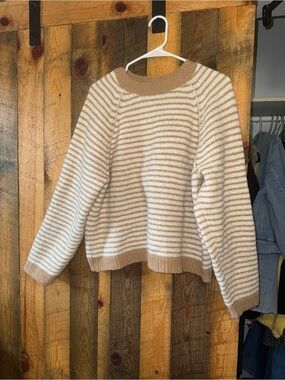 American Eagle Outfitters Cream and Tan Striped Crewneck Sweater